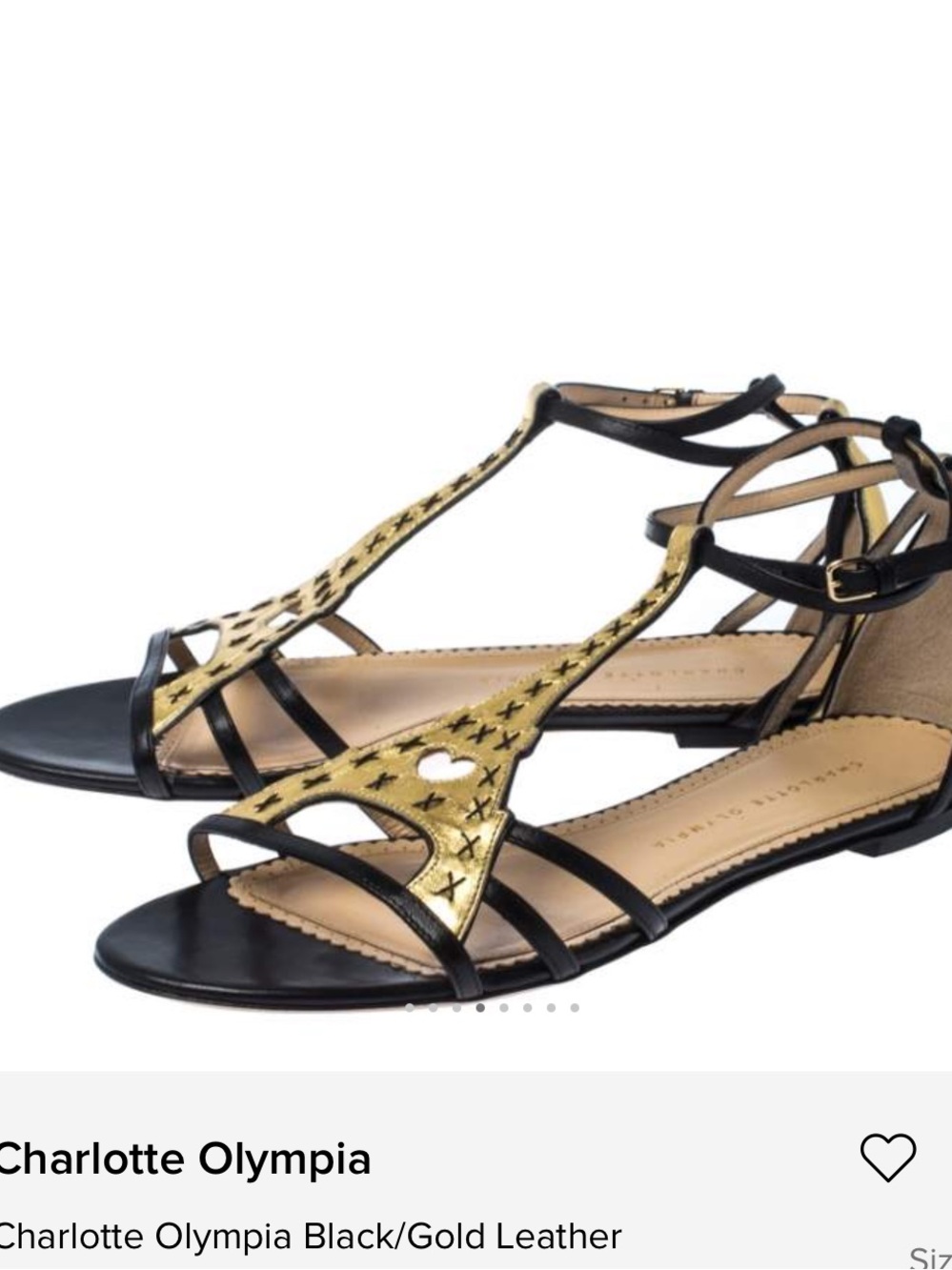 Charlotte Olympia Black and Gold Strappy Eiffel T‑Bar Flat Sandals